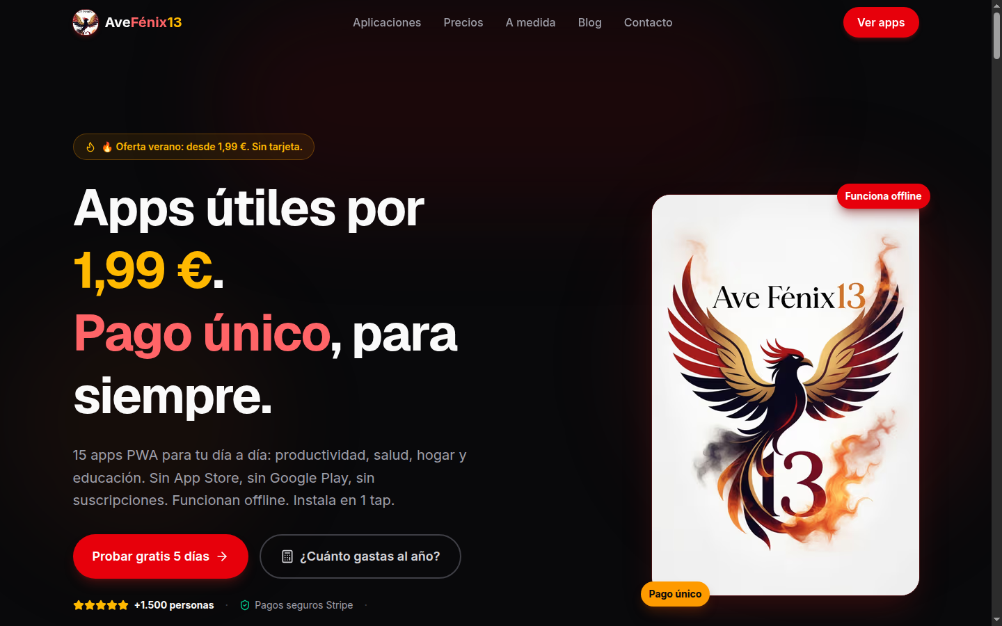 Página de inicio de AveFenix13, marketplace de mini-apps PWA