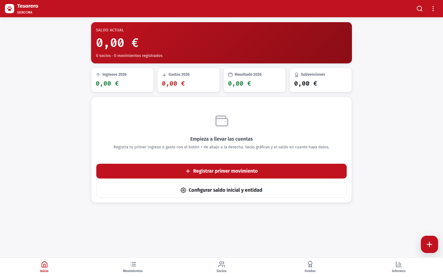 Panel de inicio de la app Tesorero GERCCMA, con saldo actual e ingresos y gastos del año